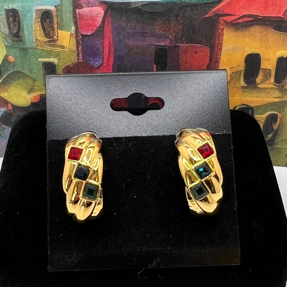 Mughal Color Stones on Gold Semi-Hoop Earrings 1990’s